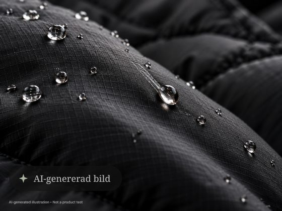 AI-generated close-up of water droplets on a black down jacket, with an “AI-genererad bild” label on the image