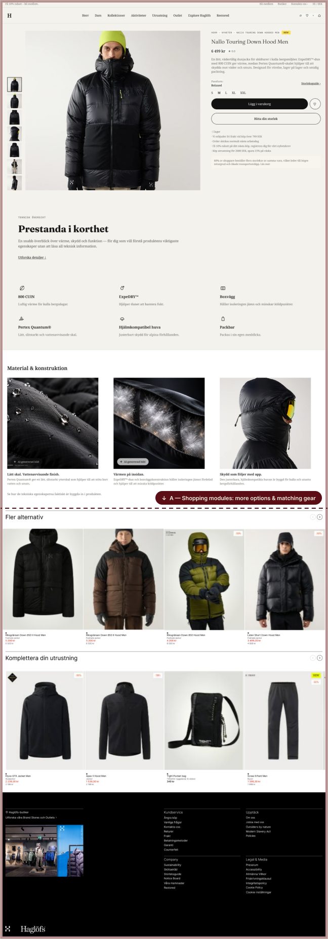 Direction A: the product page with a short summary, specs shown as icons, material close-ups, and shopping modules for more options and matching gear