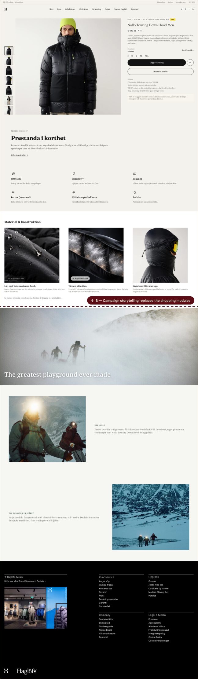 Direction B: the same product page, where campaign photography replaces the shopping modules