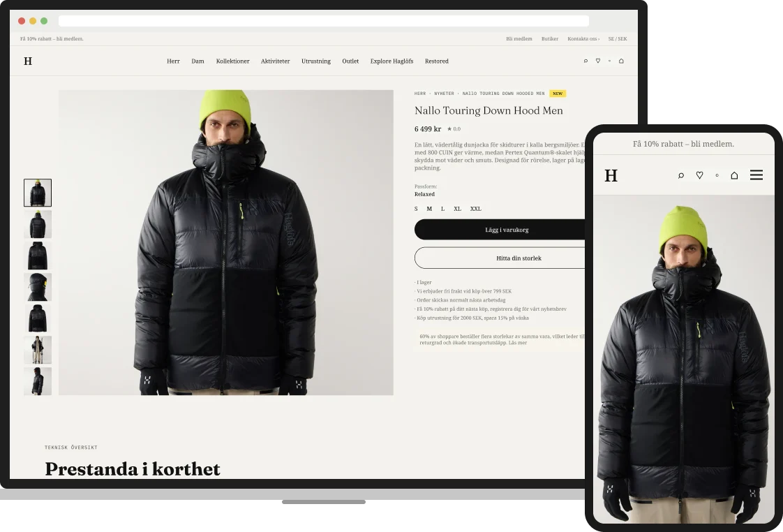 The redesigned Haglöfs product page on a laptop and a phone — open the Haglöfs case study