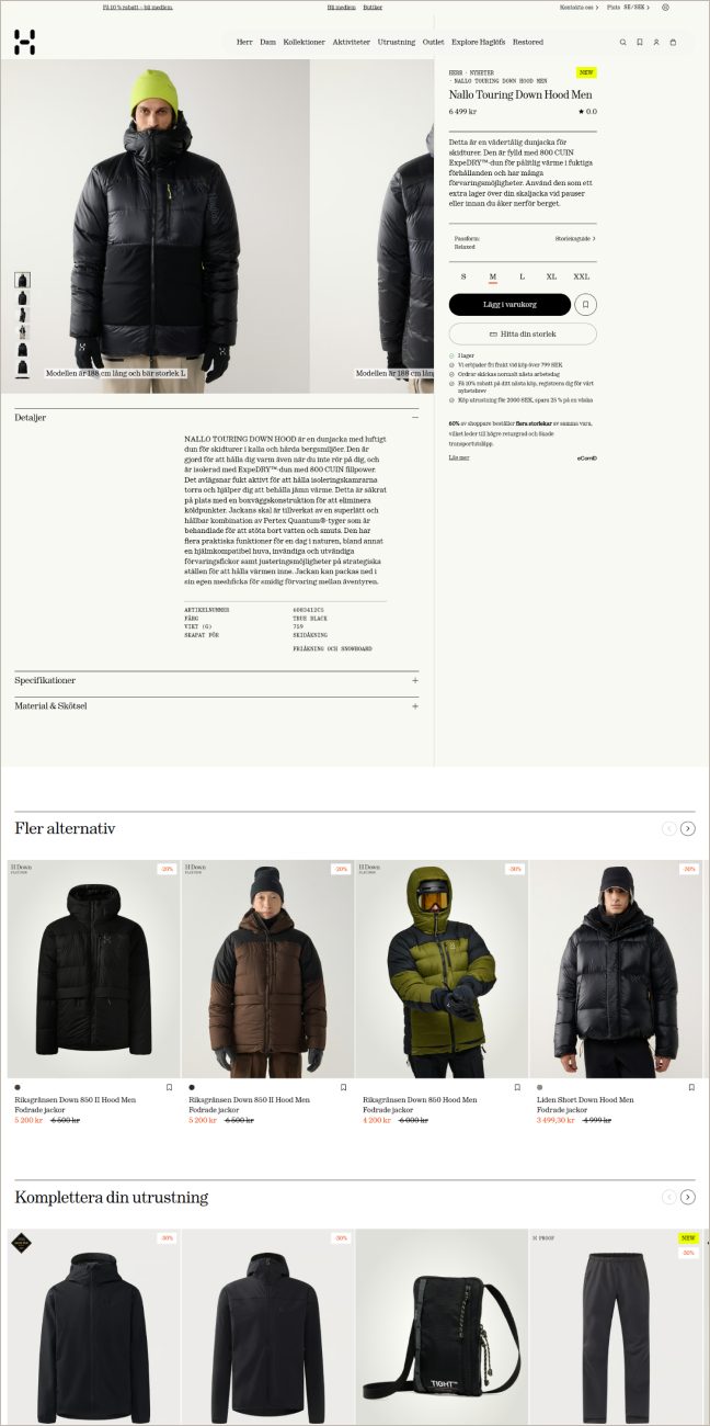The current Haglöfs product page, with a long Detaljer text block