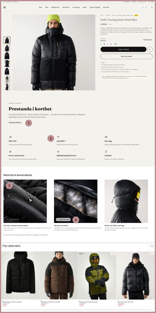 The proposed product page, with numbered markers 1 to 4 on the changes described below