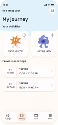 MyMaria “My journey” screen with activities and previous meetings
