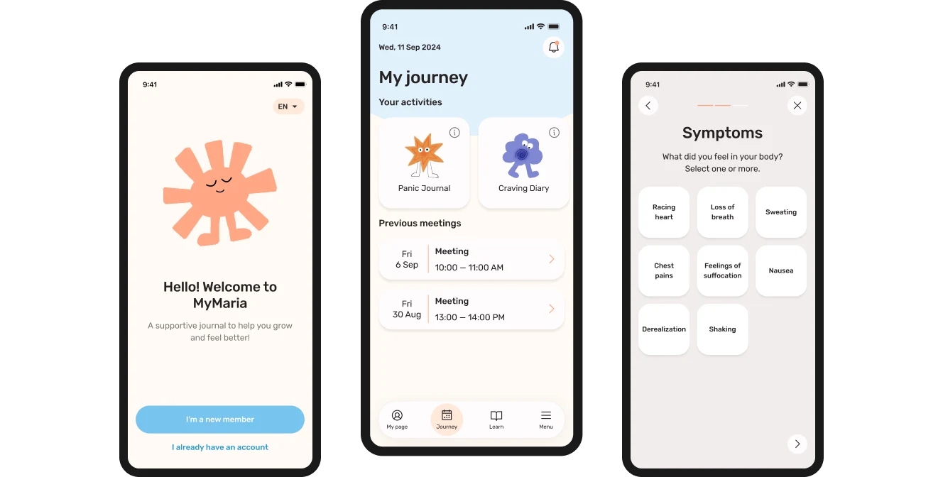 Three MyMaria screens on phones: the welcome screen, My journey with activities and meetings, and the Symptoms step of the Panic Journal