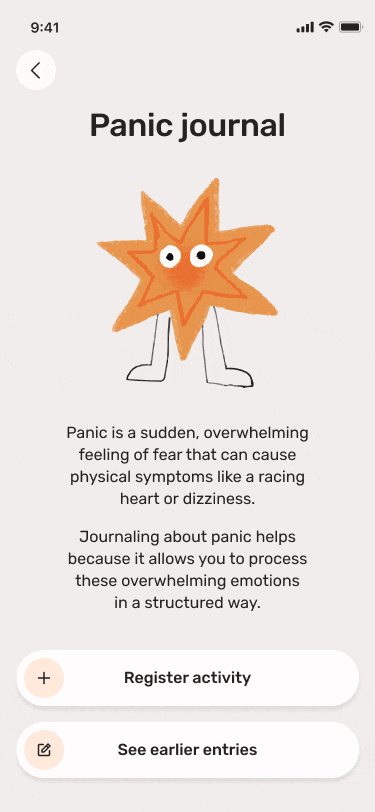 Panic Journal walkthrough: the activity introduction, then situation, symptoms and intensity, one step at a time